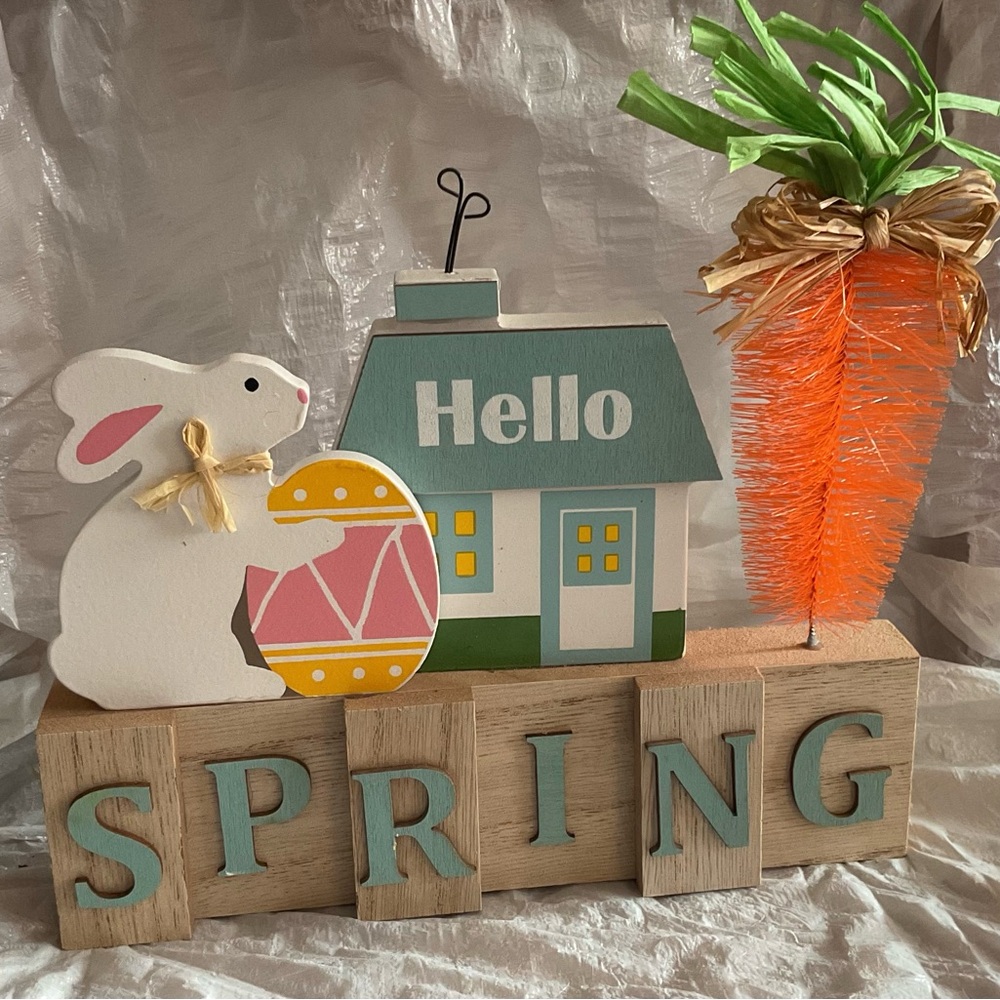 Spring Tabletop Wood Decor with Bunny, House & Carrot